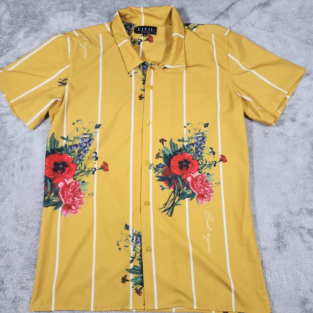 Civil‎ Regime Shirt Mens Medium Yellow Floral Button Up Short Sleeve Polyester